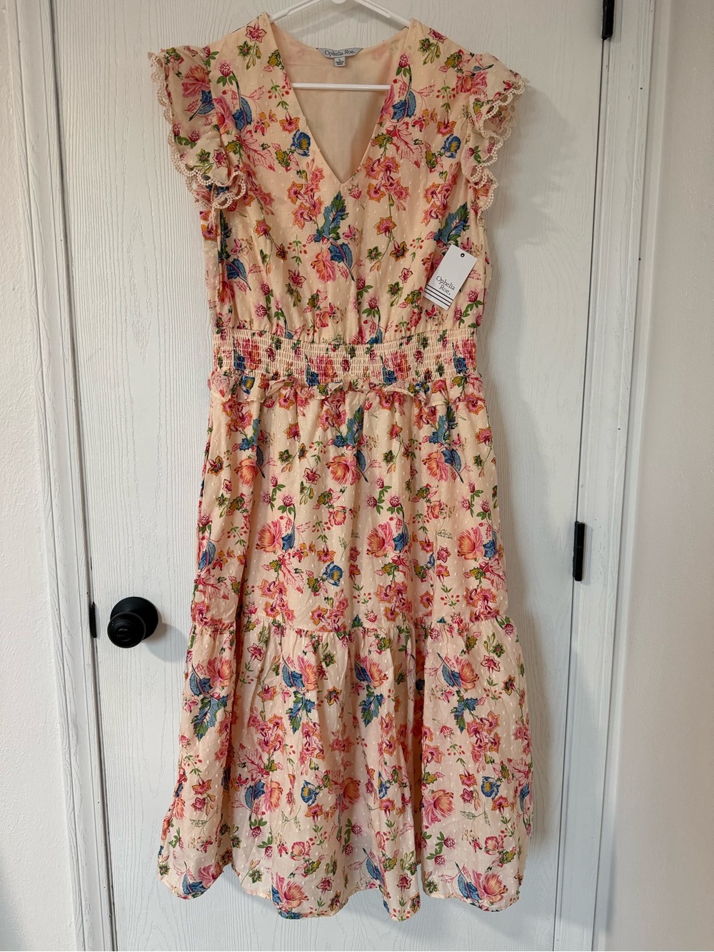 Women’s Peach Floral Smocked Casual Dress with Blue & Pink Accents